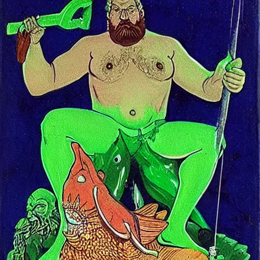 Image similar to by bill medcalf, by milo manara decorative neon green. a performance art of a mythological scene. large, bearded man seated on a throne, surrounded by sea creatures. he has a trident in one hand & a shield in the other. behind him is a large fish. in front of him are two smaller creatures.