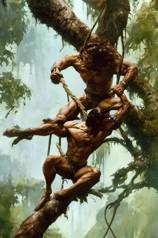 Prompt: tarzan swinging from a tree, by Frank Frazetta, Greg Rutkowski, Boris Vallejo, epic fantasy character art, Exquisite detail, post-processing, low angle, masterpiece, cinematic