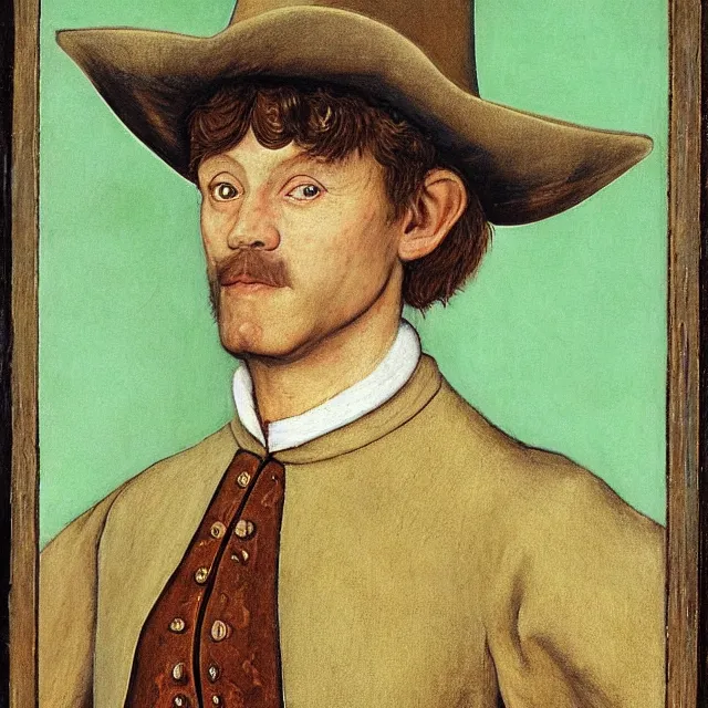 Prompt: 3/4 bust portrait of a shifty high fantasy elf sheriff wearing a cowboy hat and star badge by Jan van Eyck, 8k scan
