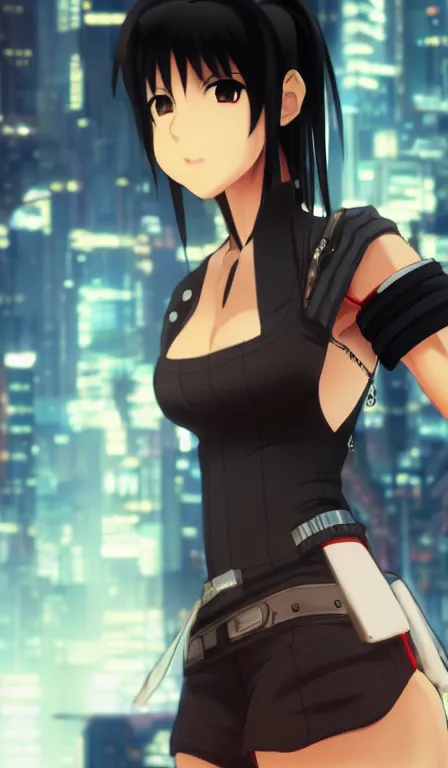 Image similar to anime fine details portrait of Tifa Lockhart in front of cyberpunk moder city landscape on the background deep bokeh, close-up view, anime masterpiece by Studio Ghibli. 8k, sharp high quality anime, artstation