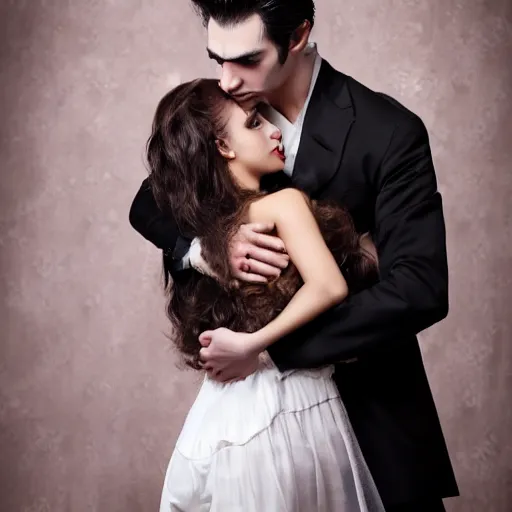 Image similar to handsome vampire holding a beautiful girl, 4 k, professional photograph, romance novel cover