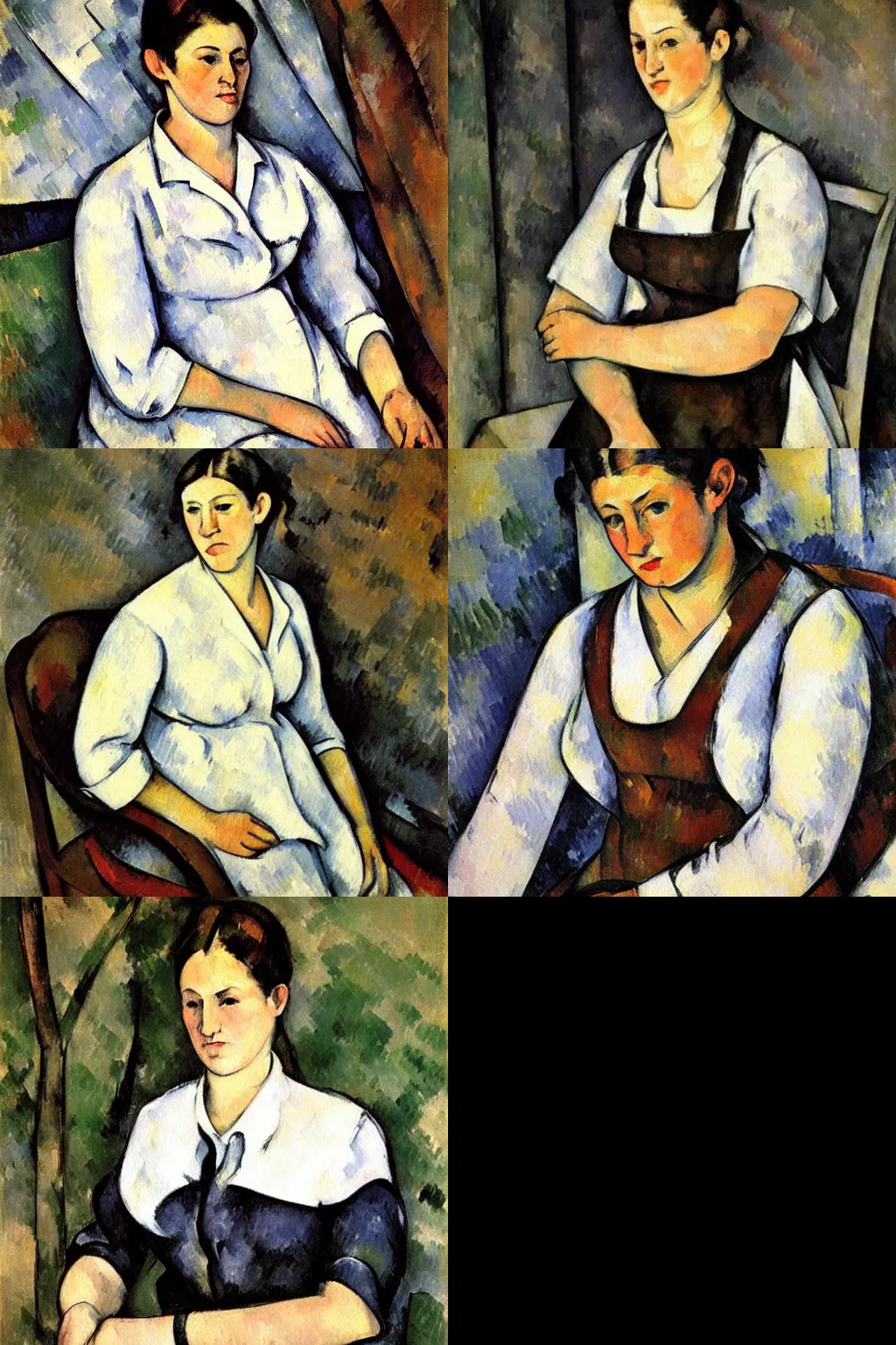 Prompt: an hd painting of a woman by paul cezanne. she has long straight dark brown hair, parted in the middle. she has large dark brown eyes, a small refined nose, and thin lips. she is wearing a sleeveless white blouse, a pair of dark brown capris, and black loafers.