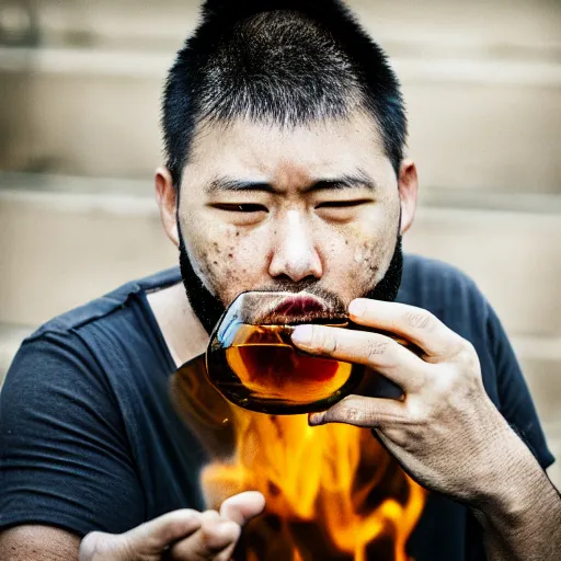 Prompt: a person drinking boiling oil, portrait photograph