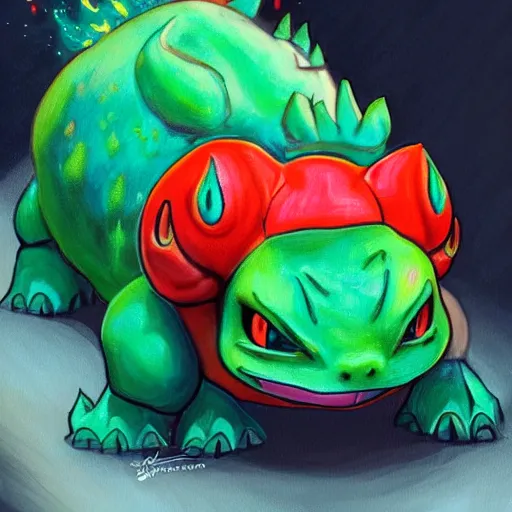 Prompt: a red coloured bulbasaur with fire powers, painting, realistic