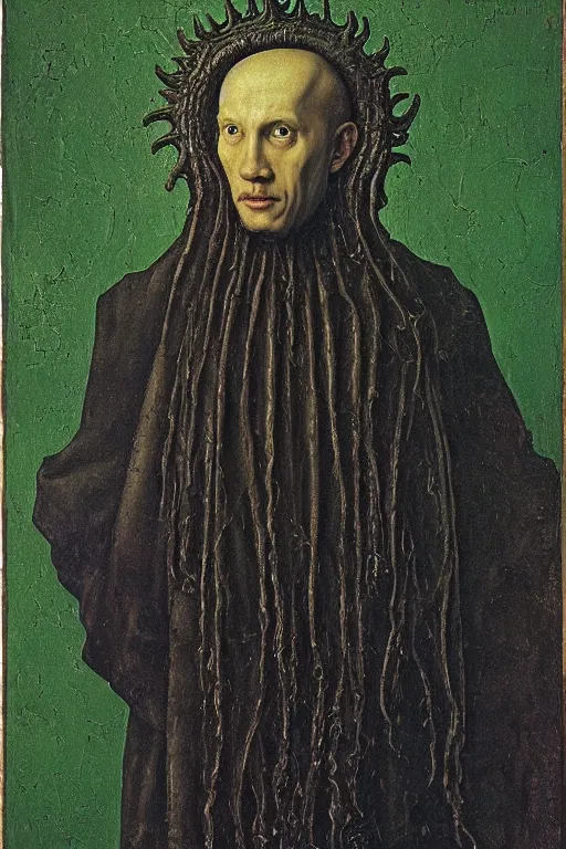 Image similar to portrait of cthulhu, oil painting by jan van eyck, northern renaissance art, oil on canvas, wet - on - wet technique, realistic, expressive emotions, intricate textures, illusionistic detail