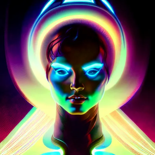 Image similar to tron angel, psychedelic lsd, diffuse lighting, hyper realistic, elegant, intricate, hyper detailed, smooth, sharp focus, concept art, illustration, trending on artstation, art by greg rutkowski and james gurney and alphonse mucha