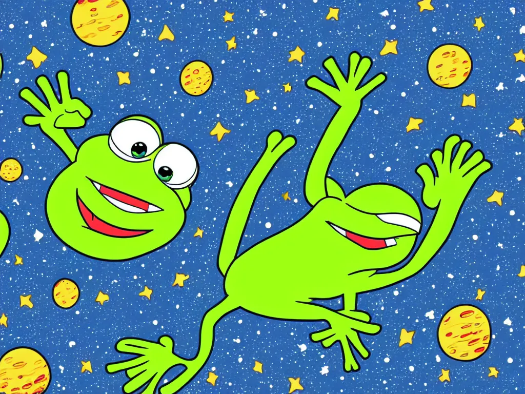 Prompt: happy pepe the frogs floating in space, cartoon illustration, detailed