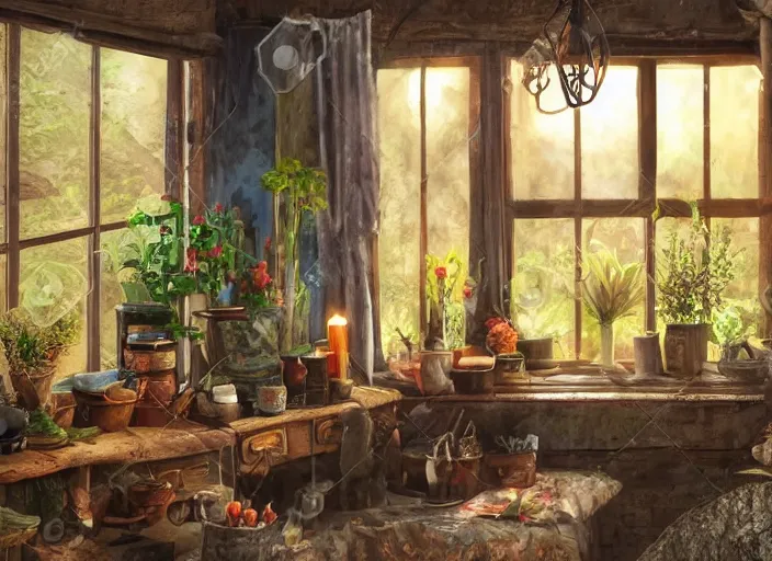 Prompt: rustic oil painting, interior view of a cluttered herbalist cottage, waxy candles, wood furnishings, herbs hanging, light bloom, dust, ambient occlusion, rays of light coming through windows, dim lighting, brush strokes oil painting