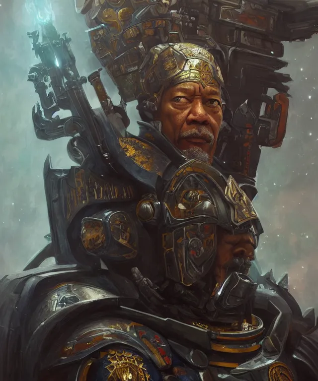 Image similar to morgan freeman as the warhammer 4 0 k space marine emperor, portrait, fantasy, intricate, elegant, highly detailed, digital painting, artstation, concept art, smooth, sharp focus, illustration, art by artgerm and greg rutkowski and alphonse mucha