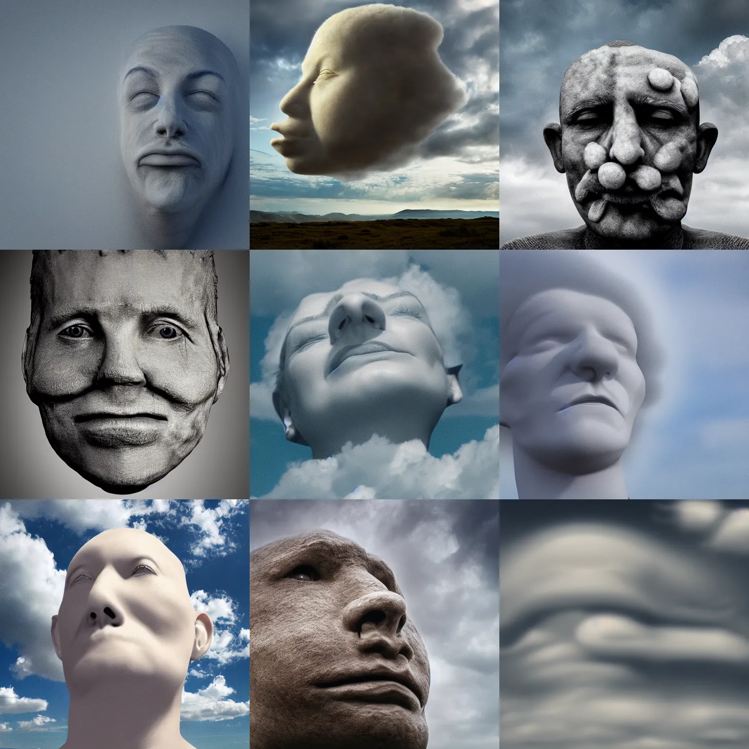 Prompt: realistic face made with clouds, pareidolia, 4 k, canon, award - winning, photorealistic