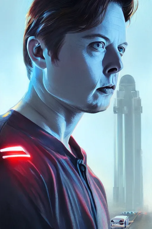 Image similar to elon musk as marty mcfly near cybertruck, realistic portrait, symmetrical, highly detailed, digital painting, artstation, concept art, smooth, sharp focus, illustration, cinematic lighting, art by artgerm and greg rutkowski and alphonse mucha