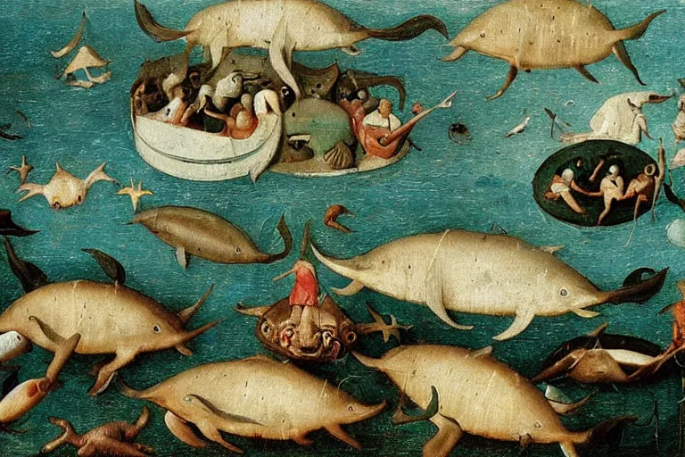 Image similar to a lake filled with fish people, dolphins, flippers hybrid half man half fish, monstruous dolphins, lizards, frogs, toads, jumping flying and eating frogs, close up detail of a masterpiece painting by hieronymus bosch