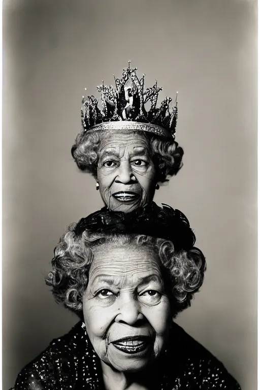 Image similar to a photograph of an elderly black lady with grey curly hair, wearing a crown and clothing of Queen Elizabeth the second, 50mm lens, portrait photography, taken by Robert Capa, studio lighting