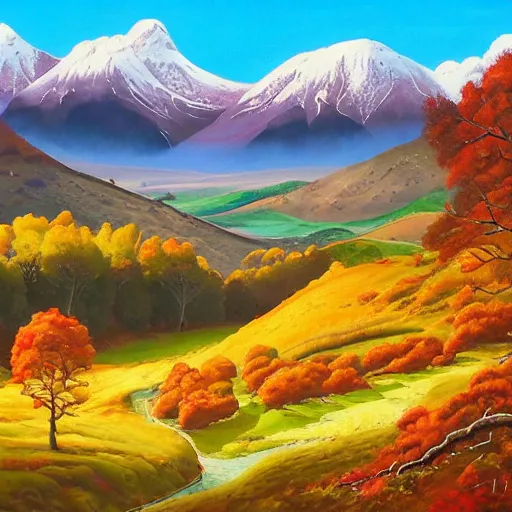 Image similar to autumnal scottish valley view with snowy mountains in the background and a deep blue sky by lisa frank and tyler edlin