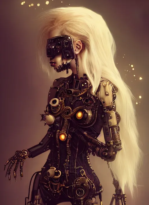 Image similar to soft lustrous ivory ebony biotech raver gutter punk gothic steampunk cyborg, golden ratio, details, scifi, fantasy, cyberpunk, intricate, decadent, highly detailed, digital painting, octane render, artstation, concept art, smooth, sharp focus, illustration, art by artgerm, loish, wlop