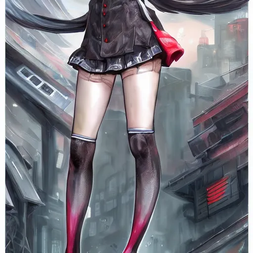 Image similar to dynamic composition, motion, ultra-detailed, incredibly detailed, a lot of details, amazing fine details and brush strokes, colorful and grayish palette, smooth, HD semirealistic anime CG concept art digital painting, watercolor oil painting of Clean and detailed post-cyberpunk sci-fi close-up schoolgirl wearing thigh highs and school uniform, in asian city in style of cytus and deemo, blue flame, relaxing, calm and mysterious vibes,, by a Chinese artist at ArtStation, by Huang Guangjian, Fenghua Zhong, Ruan Jia, Xin Jin and Wei Chang. Realistic artwork of a Chinese videogame, gradients, gentle an harmonic grayish colors. set in half-life 2, Matrix, GITS, Blade Runner, Neotokyo Source, Syndicate(2012), dynamic composition, beautiful with eerie vibes, very inspirational, very stylish, with gradients, surrealistic, dystopia, postapocalyptic vibes, depth of field, mist, rich cinematic atmosphere, perfect digital art, mystical journey in strange world