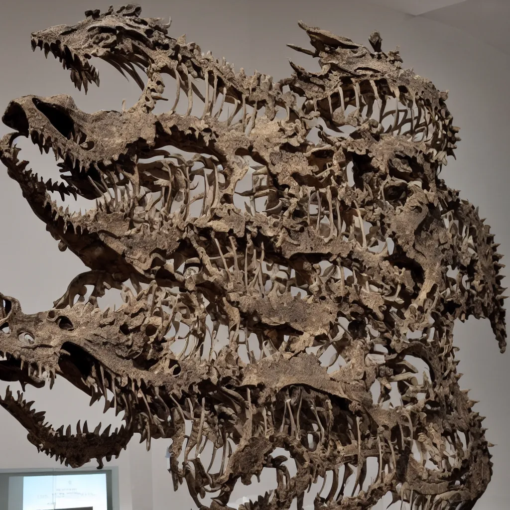 Image similar to a fossilized Chinese dragon skeleton, museum photo