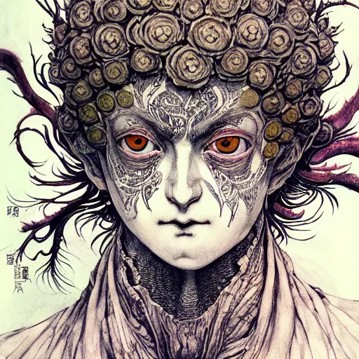 Prompt: prompt: Cabbage face painted in William Blake style drawn by Vania Zouravliov and Takato Yamamoto, intricate oil painting, high detail, Neo-expressionism, post-modern gouache marks on the side, gnarly details soft light, white background, intricate detail, intricate ink painting detail, sharp high detail, manga and anime 2000