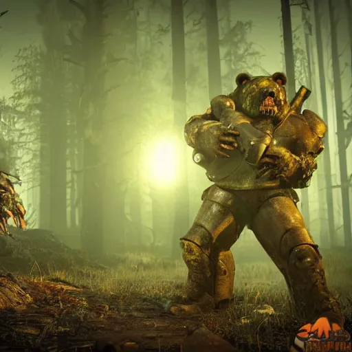 Image similar to Zombie bear vs a man in power armor with a minigun in his hands against the background of a radioactive forest, graphics, fallout 4 render, 3d computer render, maximum details, rain, night, spotlight,