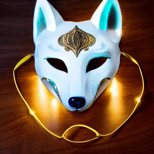 Image similar to a realistic photo of a beautiful white and gold fox mask, laying on a cherrywood desk, with spot lighting showing off the vivid gold details of the mask, f/1.8 32mm lens, 4K award winning, trending on artstation