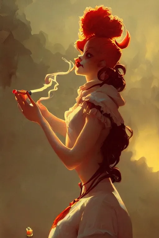 Prompt: creepy clown girl pondering nuclear destruction smoking a cigarette, highly detailed, digital painting, artstation, concept art, smooth, sharp focus, illustration, art by artgerm and greg rutkowski and alphonse mucha and loish and WLOP