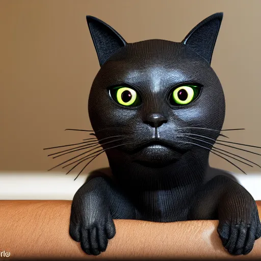 Image similar to 3 d rendered hyper realistic hyper detailed black cat wearing a cat - shaped darth vader helmet octane render, blender, 8 k