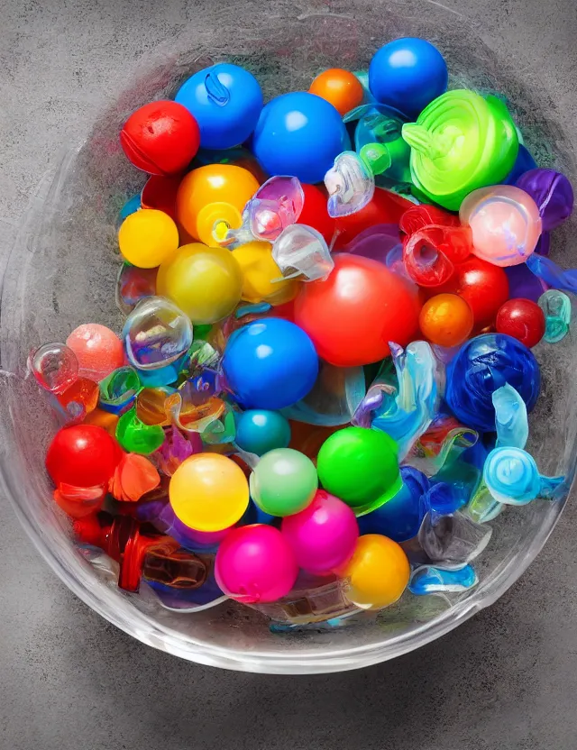 Image similar to a well - lit studio photograph of various plastic toys floating in a bowl of water, some smooth, some wrinkled, some long, various sizes, textures, and transparencies, beautiful, smooth, detailed, inticate