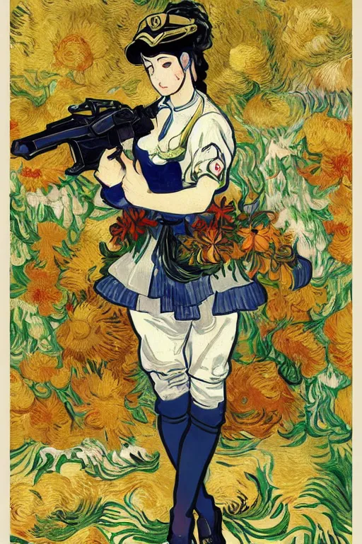 Image similar to beautiful anime goddess dressed as a military officer holding a gun, well - rendered, extra crisp, illustration pattern background with bizarre compositions and blend of flowers, fruits, birds by beto val painted by van gogh