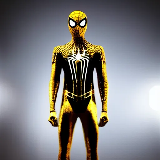 Image similar to gold spider - man suit with black web lining, cinematic, volumetric lighting, realistic, hyperdetailed, photorealistic, photograph