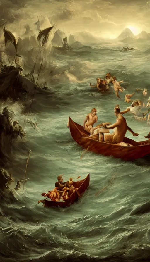 Prompt: man on boat crossing a body of water in hell with creatures in the water, sea of souls, by fortiche studio