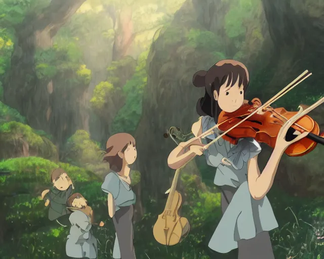 Image similar to violin concert, studio ghibli style, hayao miyazaki, award winning photograph, highly detailed, artstation, hd wallpaper