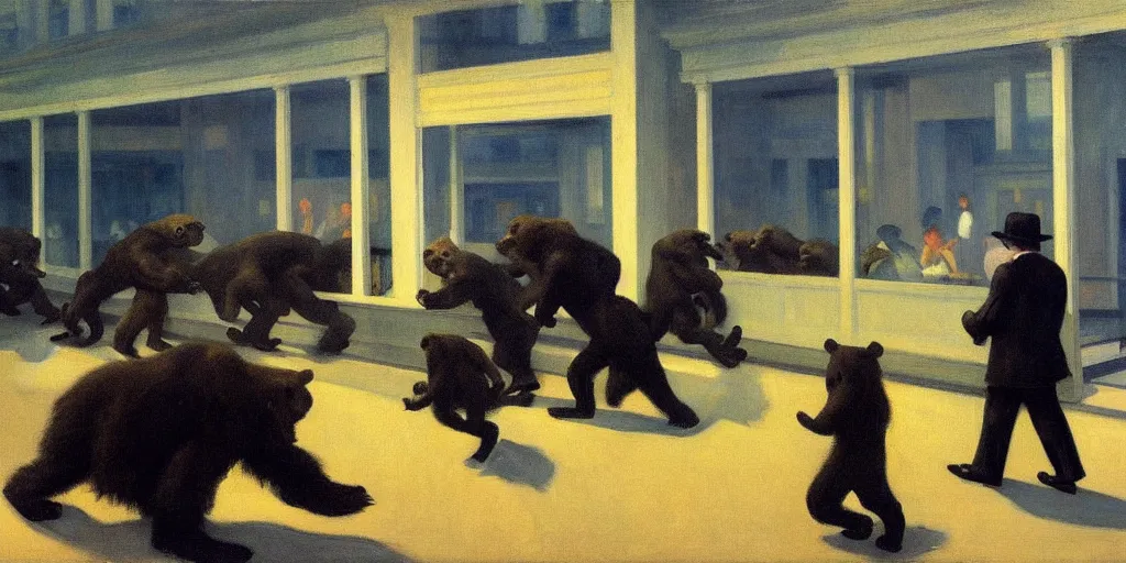 Image similar to edward hopper's painting, of a group of werebears robbing a bank, foggy