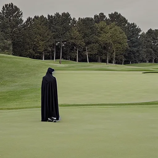 Image similar to the grim reaper standing stoic in black robe, waiting patiently, on a golf course while people play golf, perfect composition, by edmond leighton, simon stalenhag