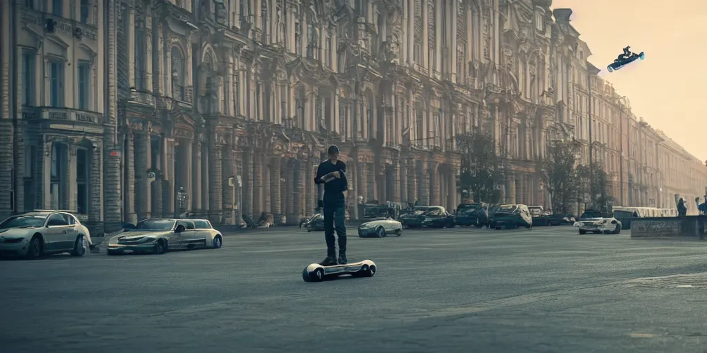 Image similar to cinematic street shot of a hoverboard flying floating city saint petersburg city, telephoto, anamorphic cinematography, beautiful composition, color theory, leading lines, photorealistic, moody volumetric lighting