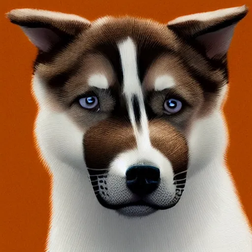 Image similar to a puppy, husky, german shepherd, pit bull mix, blue eyes, caramel brown ears, symmetrical, vertical broad white stripe on face, realistic, cute, beautiful, detailed by Goro Fujita