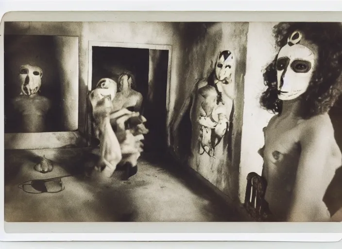Prompt: polaroid still from an art house film by alejandro jodorowsky, roger ballen and maya deren : : surreal scene in a picturesque setting : : mirrors, masks, costumes : : close - up of the actors'faces : : cinemascope, technicolor, 4 k