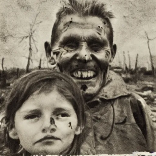 Image similar to selfie of the last surviving ukrainian with children, wild pain and damage to the body burns alive to the bone, painted in dirty yellow - blue colors, a huge nuclear explosion is approaching in the background, a very detailed photo