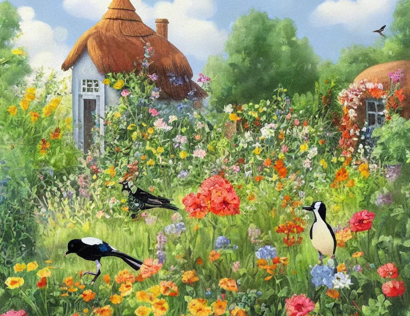 Prompt: magpie in a cottage garden. this oil painting by the beloved children's book illustrator has a beautiful composition, interesting color scheme, flat shading.