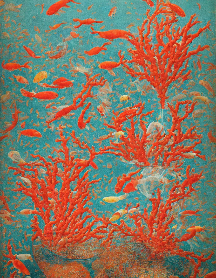 Prompt: transparent vase of coral in the sky and under the sea decorated with a dense field of stylized scrolls that have opaque red outlines, with colorful shells and koi fishes, ambrosius benson, oil on canvas, hyperrealism, light color, no hard shadow, around the edges there are no objects