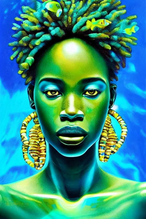 Image similar to hyperrealistic precisionist cinematic very expressive! translucent!! african goddess, full body, underwater scene with fish and algae, gold jewerly, highly detailed face, digital art masterpiece, eric zener cam de leon, dramatic pearlescent turquoise light on one side, long shot, low angle uhd 8 k, shallow depth of field