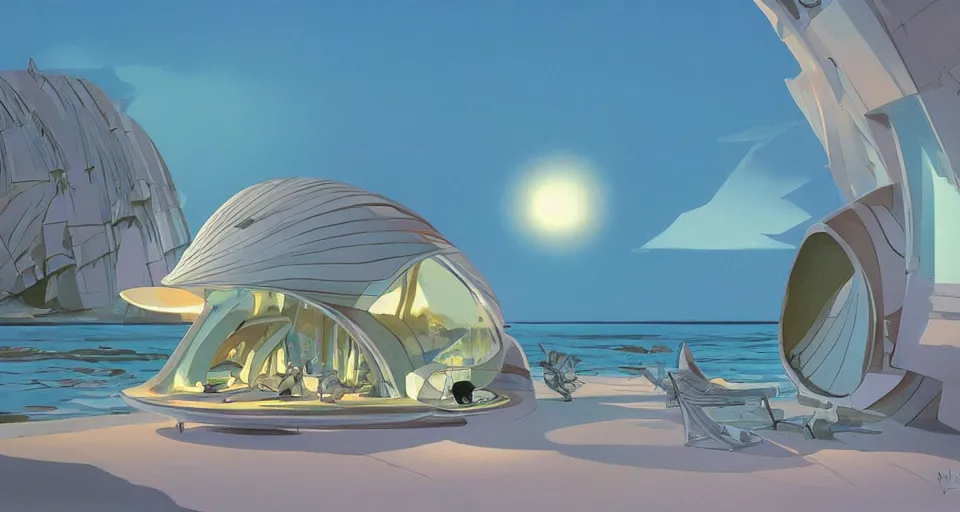 Prompt: nacre seashell house, atmospheric cinematography by syd mead and chuck jones