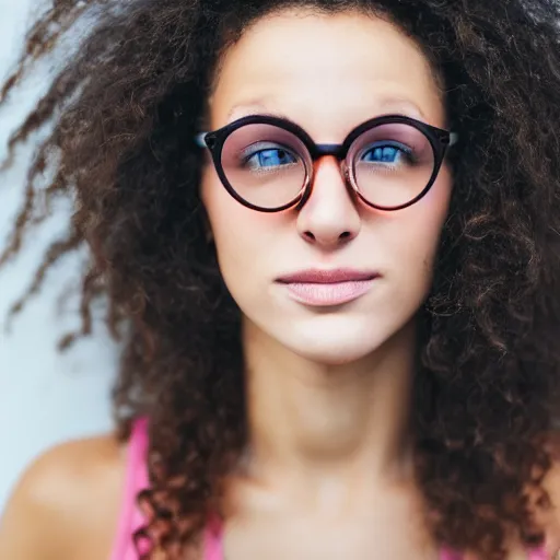 Prompt: portrait of a fit woman with curly bright brown hair, brown eyes, aesthetic nose, wearing lennon glasses, trending, realistic high quality