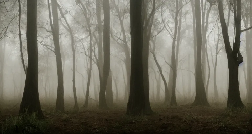 Image similar to an extremely detailed cinematic movie shot of a creepy foggy forest with twisted trees, in the style of tim burton