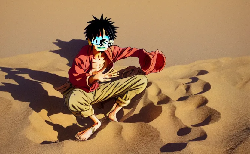 Image similar to a luffy in sand dunes, photography by kim jung gi