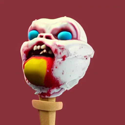 Image similar to ice cream popsicle in the shape of screaming chucky doll, octane render