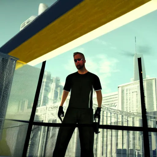 Image similar to ryan gosling in mirror's edge, in game screenshot