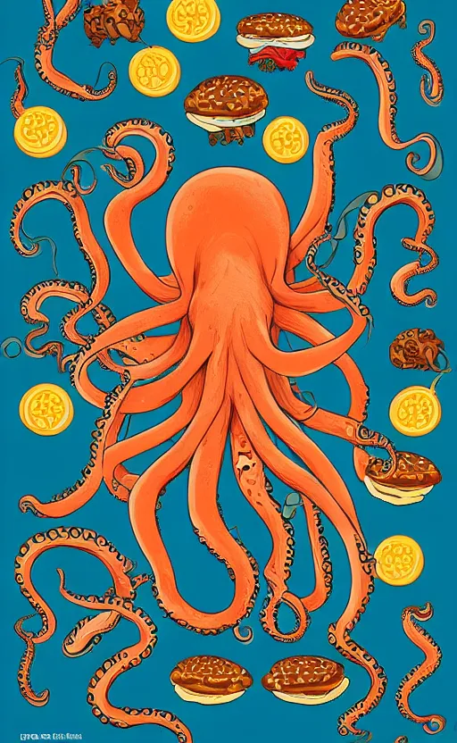 Image similar to highly detailed illustration of octopus as a cheeseburger as an octopus, poster, symmetrical, 8 k, trending