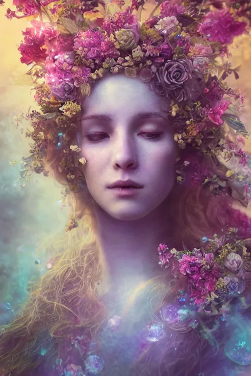 Image similar to elaborately detailed close up portrait of an extremely beautiful girl surrounded by flowers, an eerie mist and ethereal rainbow bubbles, Aetherpunk, high fantasy matte painting, fantasy matte painting movie poster, Art Nouveau, smooth, sharp focus, atmospheric lighting, highly detailed illustration highlights, backlight, golden ratio, 8K detail post-processing, symmetrical facial features, rich deep moody colors, majestic, dark epic fantasy, award winning picture, sense of awe, featured on DeviantArt, trending on cgsociety