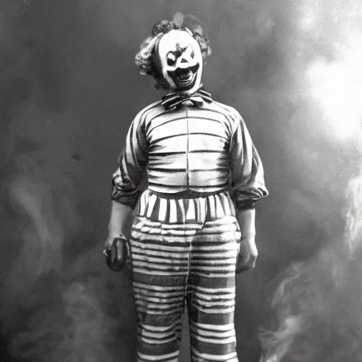 Image similar to old 1920's photograph of an fire breathing clown. Clown wears chaplins clothes. Black and white picture. Highly detailed. High definition. Artstation.