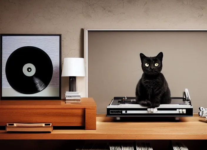 Image similar to photography of a Cat sitting on a record player. in a room full of posters, photorealistic, raining award winning photo, 100mm, sharp, high res